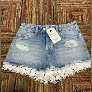 Miss Selfridge Denim Shorts With Crochet Hem and Distressed Detail Size 2 US